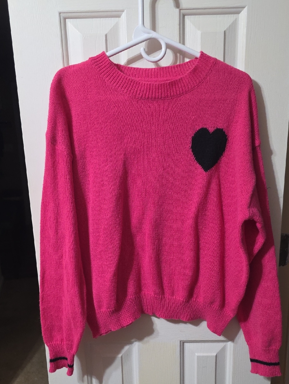 Pink Crewneck Sweater with Black Heart Accent